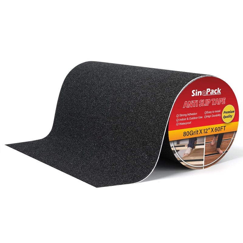 SinoPack 12" Anti Slip Tape, Black Non Slip Ramp for Outdoor 12Inch x 60FT Non Skid Tape, Best Grip Non Slip Strips Tape High Traction Friction Abrasive Adhesive for Stairs Step - Image 1